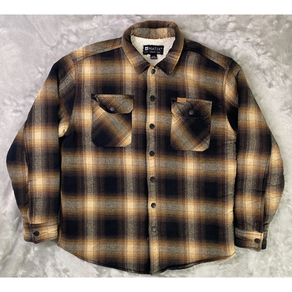 Matix Heavyweight Sherpa Flannel Shacket Men M Brown Plaid Outdoor Workwear Hike